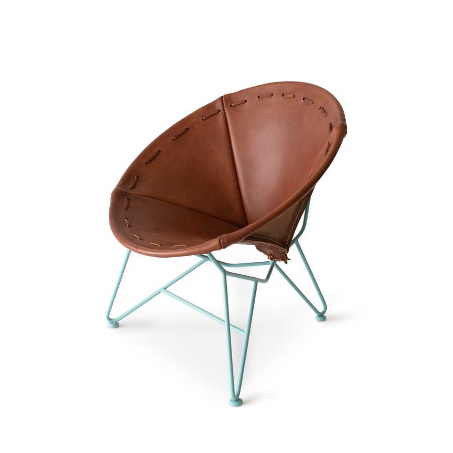 Online Heath Ceramics Saddle Leather Round Chair In Chocolate With Aqua Base