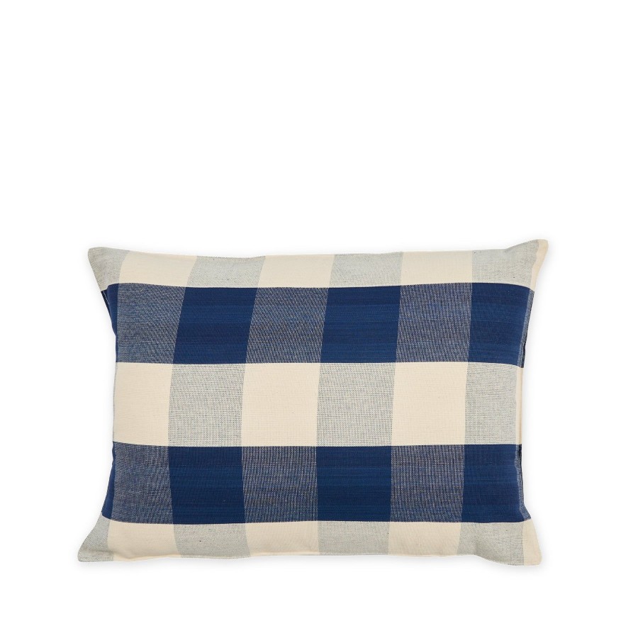 New Heath Ceramics Cotton Check Pillow In Navy Blue And Off-White