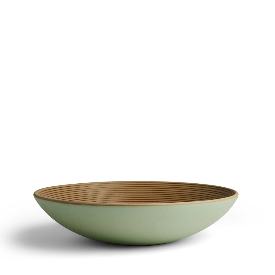 Hot Heath Ceramics Shallow Salad Bowl In Antique Green Thread/Myrtle Green