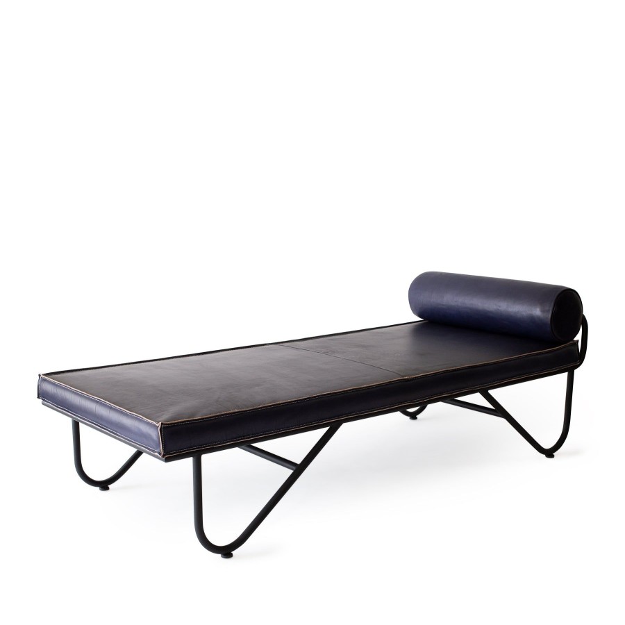 Best Heath Ceramics Saddle Leather Chaise In Blue With Dash Black Base